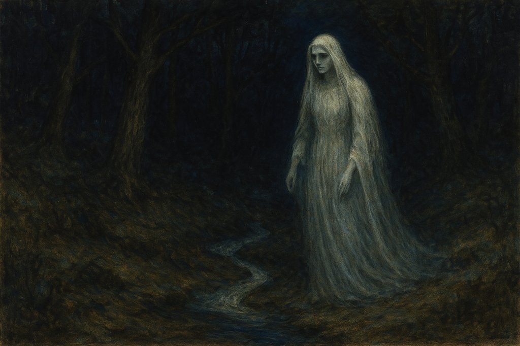 Dame blanche près d'un ruisseau