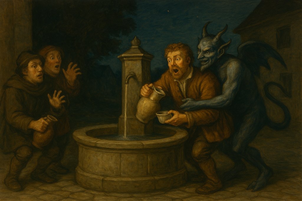 Diable et trois hommes à la fontaine