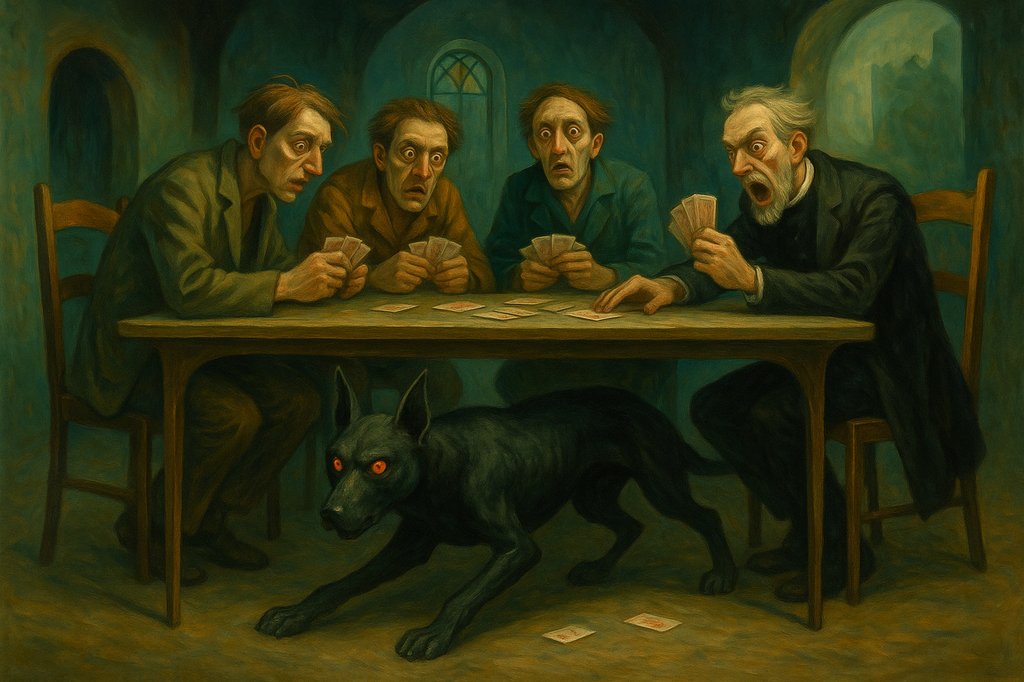 Le chien, les joueurs et le prêtre