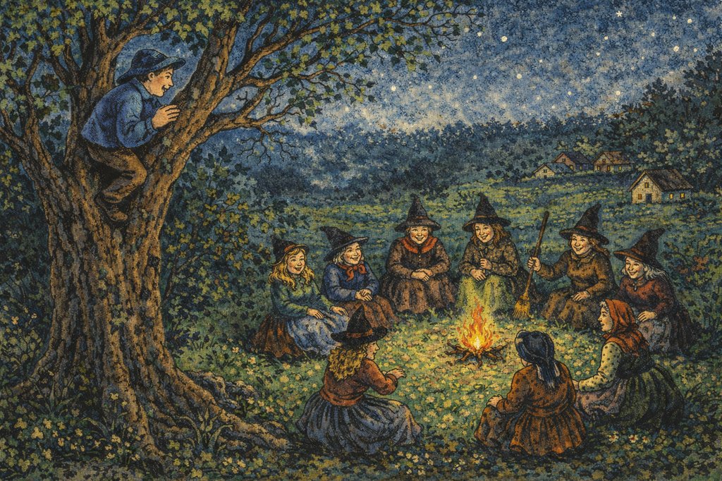 Le jeune écoutant la discussion des sorcières