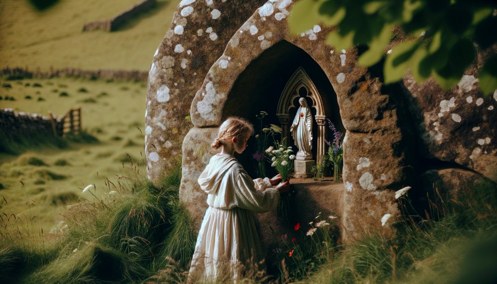 Petite bergère déposant des fleurs