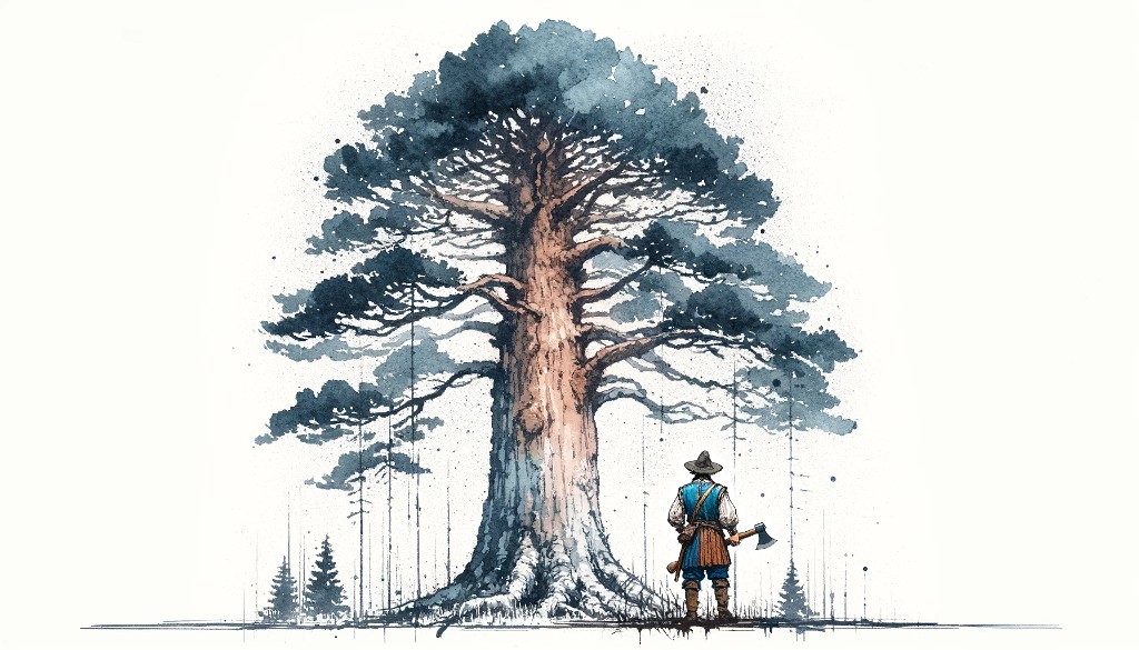 Un bûcheron devant un grand arbre