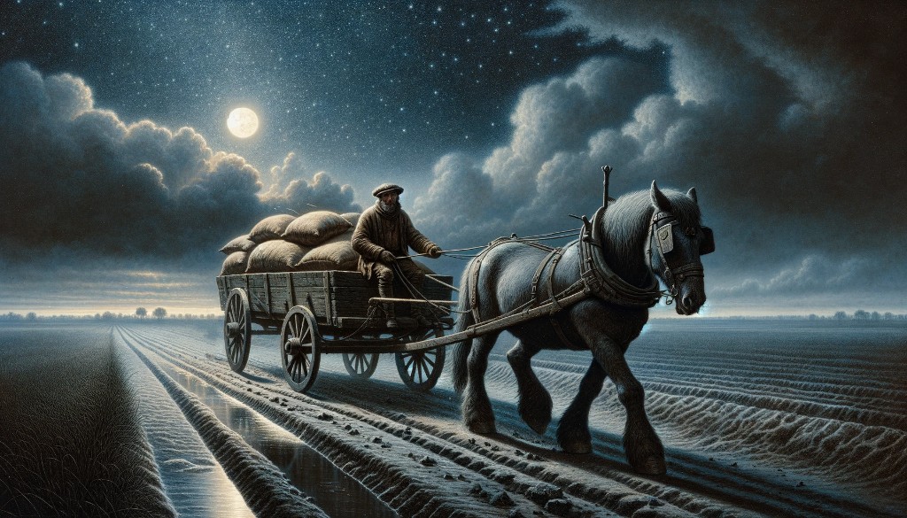 Charbonnier parcourant la campagne de nuit