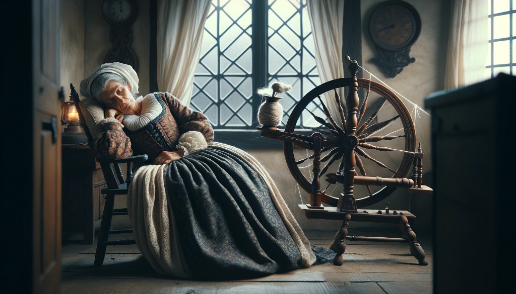 Vieille femme dormant devant son rouet