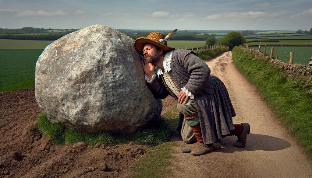 Paysan qui écoute une pierre