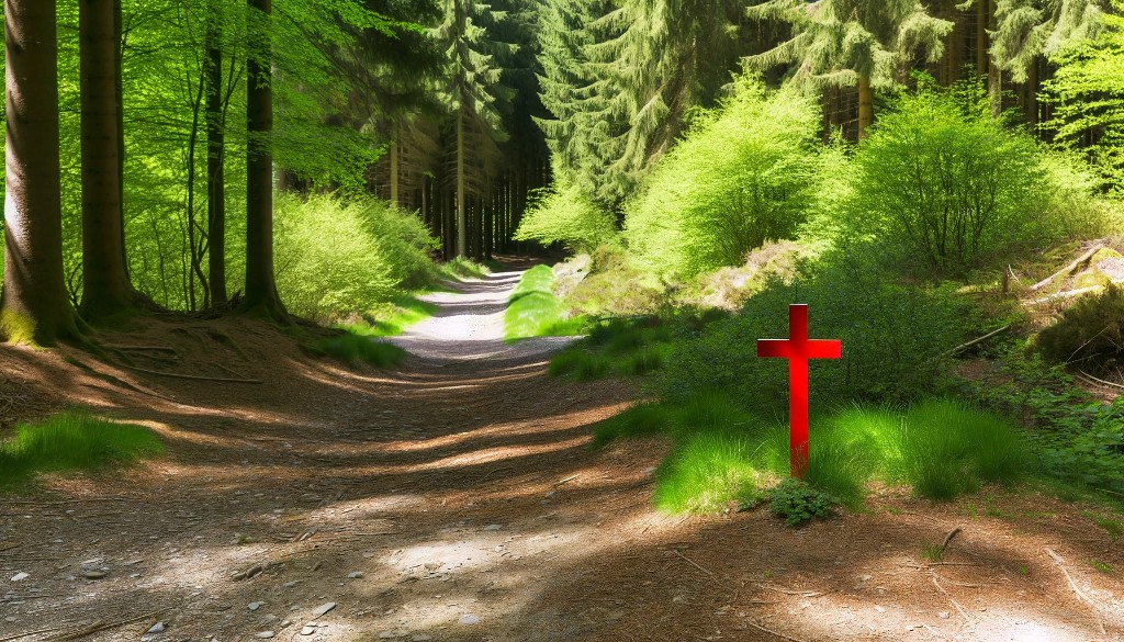 Une croix rouge en forêt
