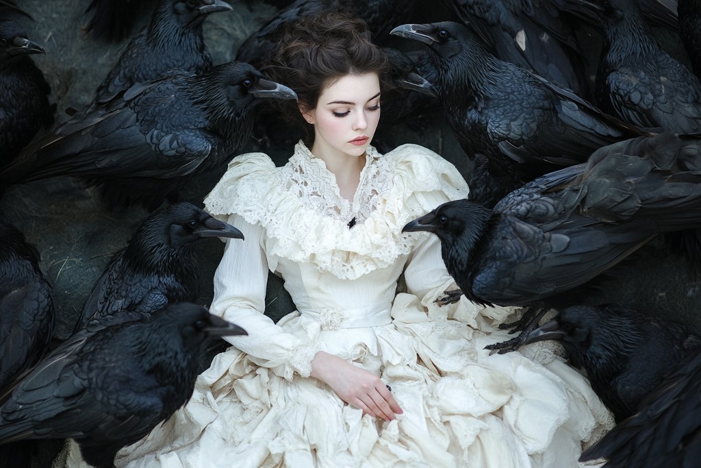 Jeune femme et corbeaux
