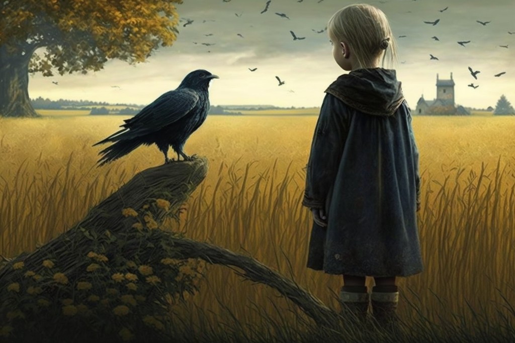 Un enfant et des corbeaux dans un champ