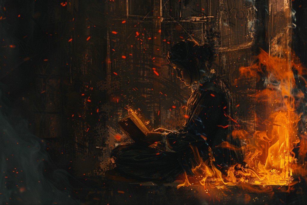 Jeune fille lisant dans les flammes
