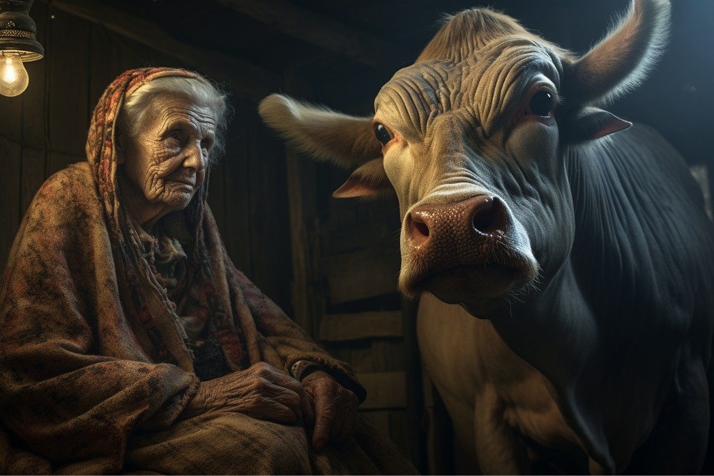 Une vache et une vieille femme
