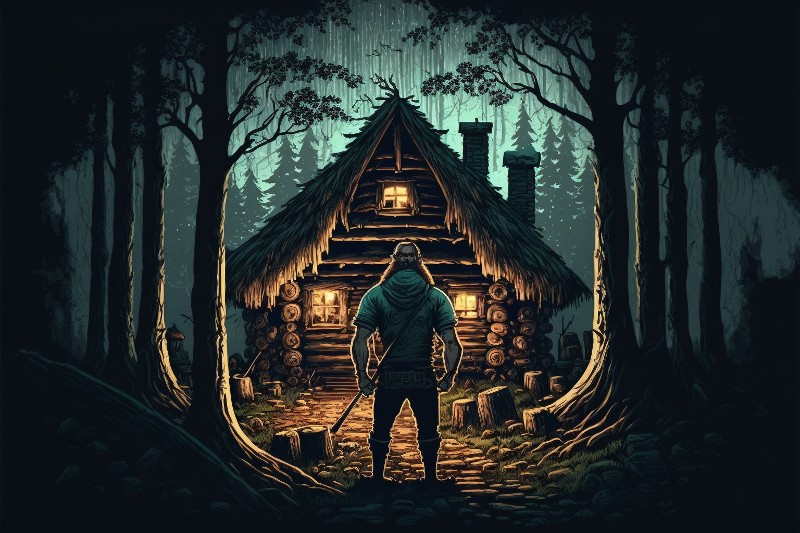 Bucheron devant sa cabane