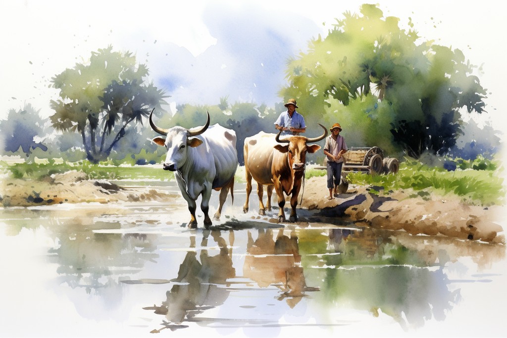 Deux bœufs près d'un point d'eau
