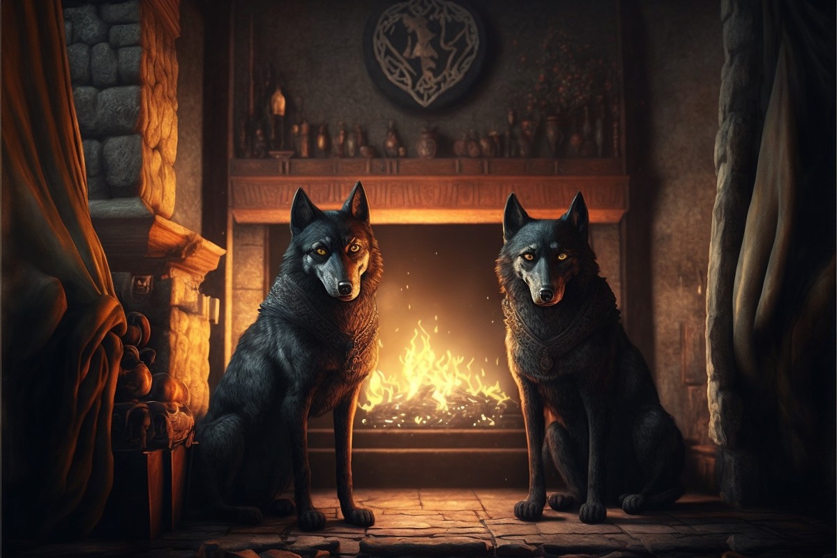 Deux loups devant la cheminée