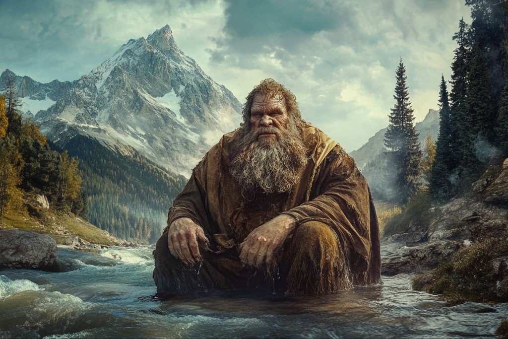 Géant dans une rivière de montagne