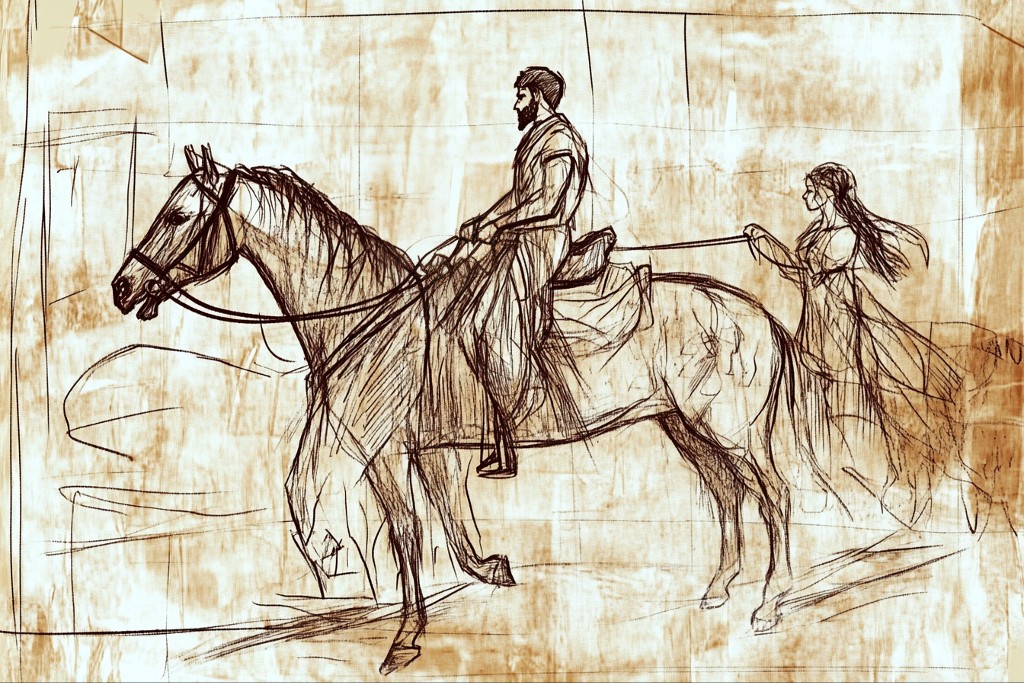 Homme et sa prisonnière dans le desert