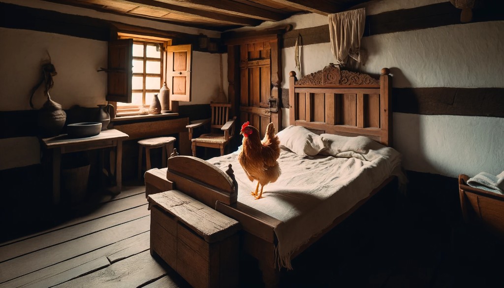 Une poule sur un lit