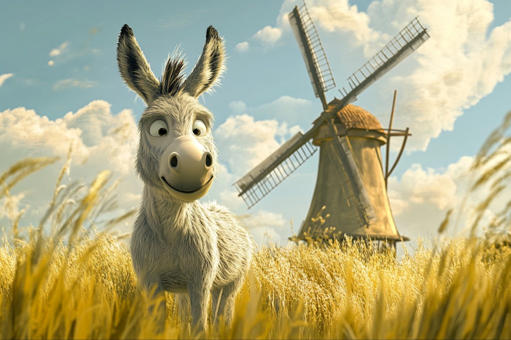Un âne devant un moulin