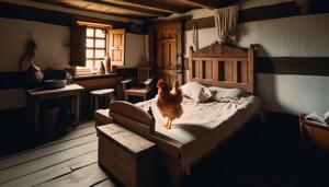 Une poule sur un lit